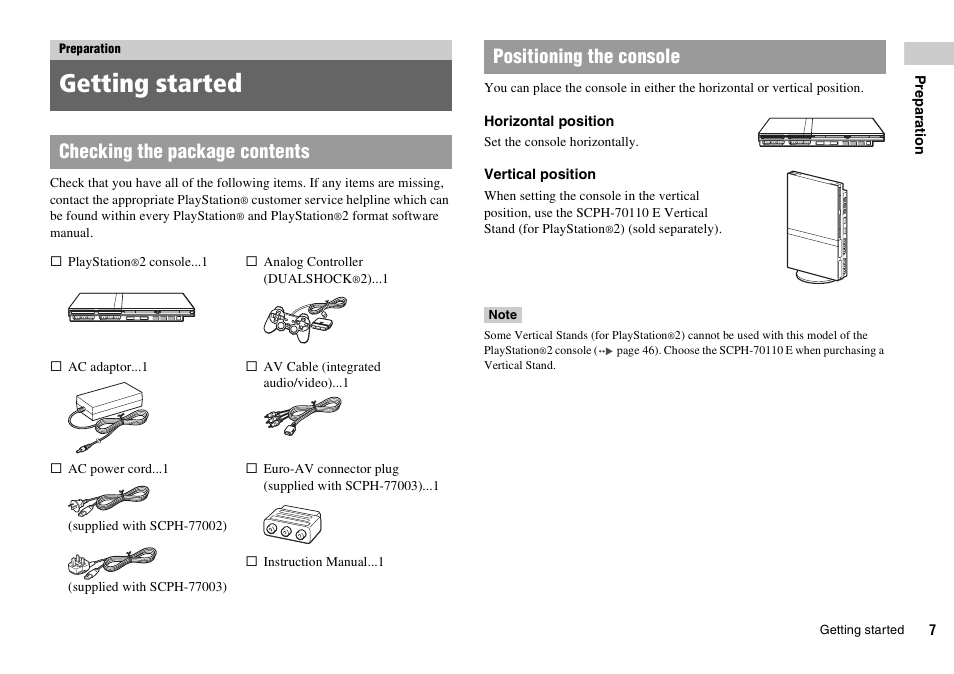 Preparation, Getting started, Checking the package contents | Positioning the console | Sony SCPH-77002 User Manual | Page 7 / 56