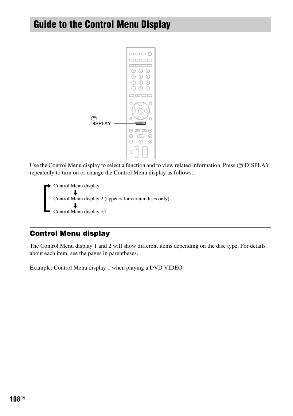 Guide to the control menu display, Control menu display | Sony DAV-DZ531W User Manual | Page 108 / 116