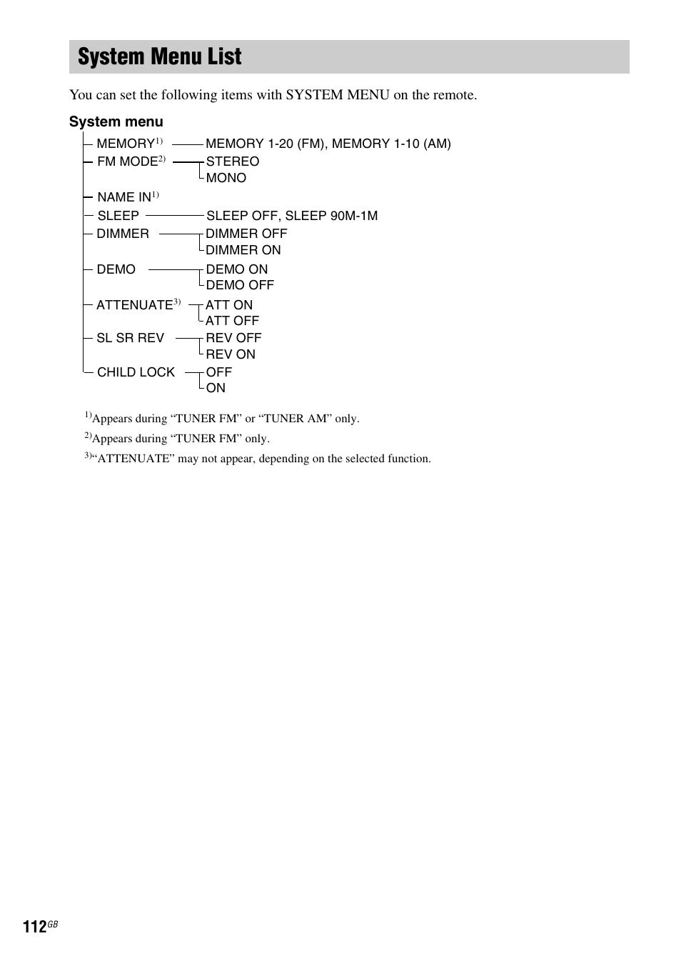 System menu list, System menu | Sony DAV-DZ531W User Manual | Page 112 / 116