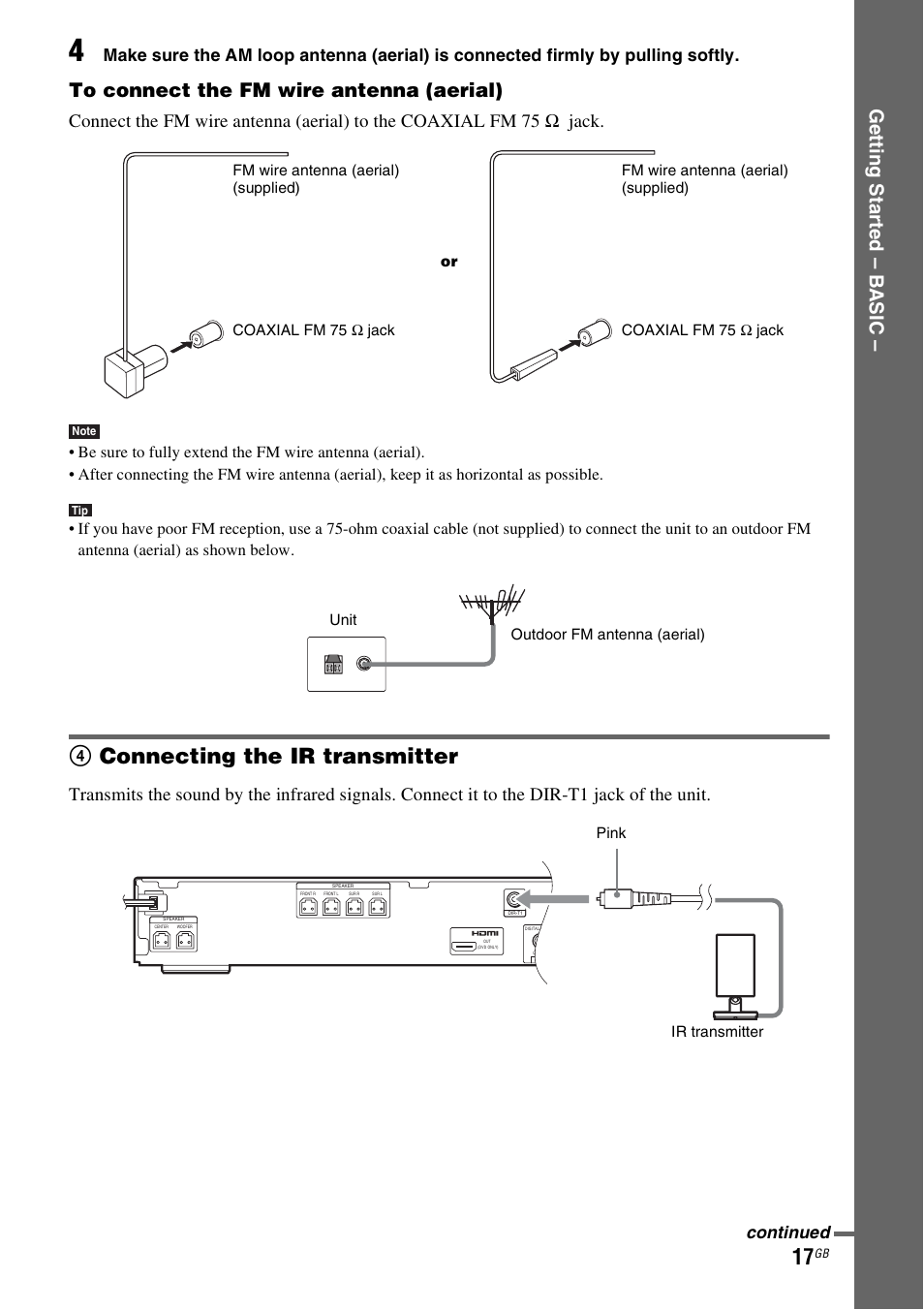 4 connecting the ir transmitter, 4connecting the ir transmitter, Ge tting star te d – b a sic | Continued | Sony DAV-DZ531W User Manual | Page 17 / 116