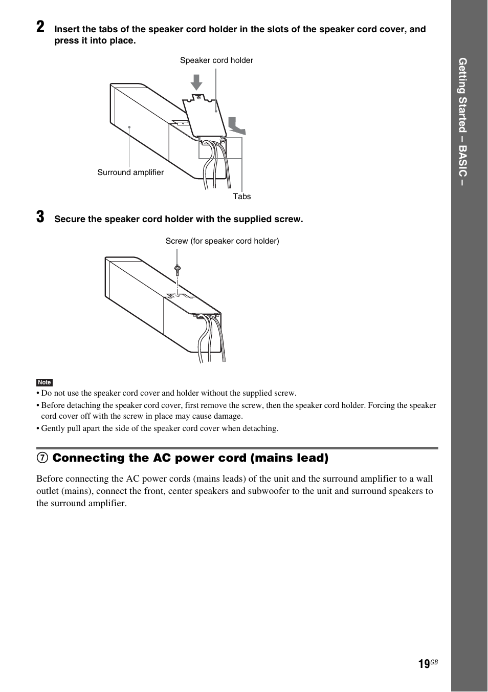 7 connecting the ac power cord (mains lead) | Sony DAV-DZ531W User Manual | Page 19 / 116