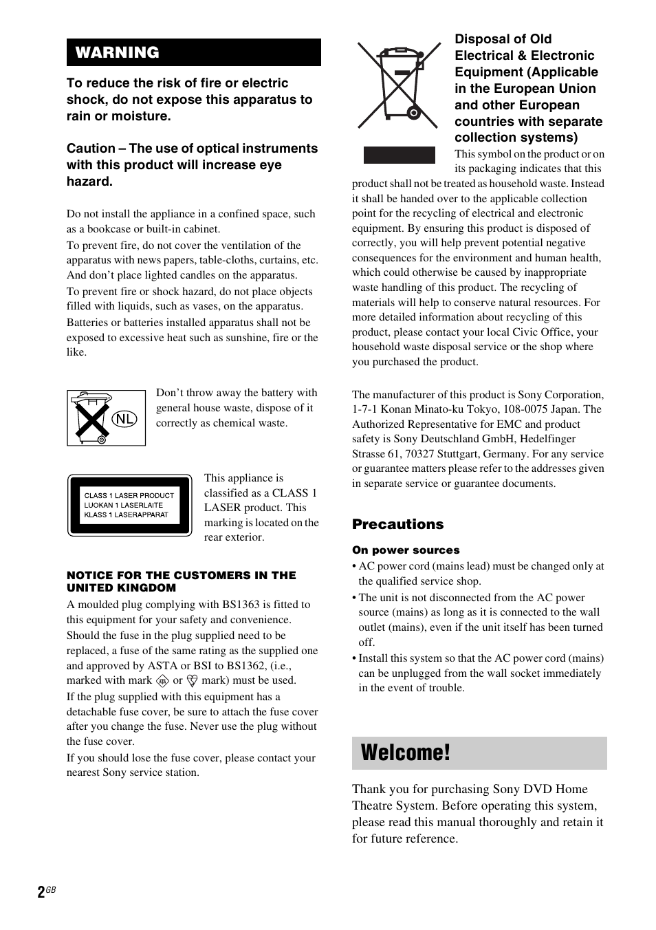 Warning, Welcome | Sony DAV-DZ531W User Manual | Page 2 / 116