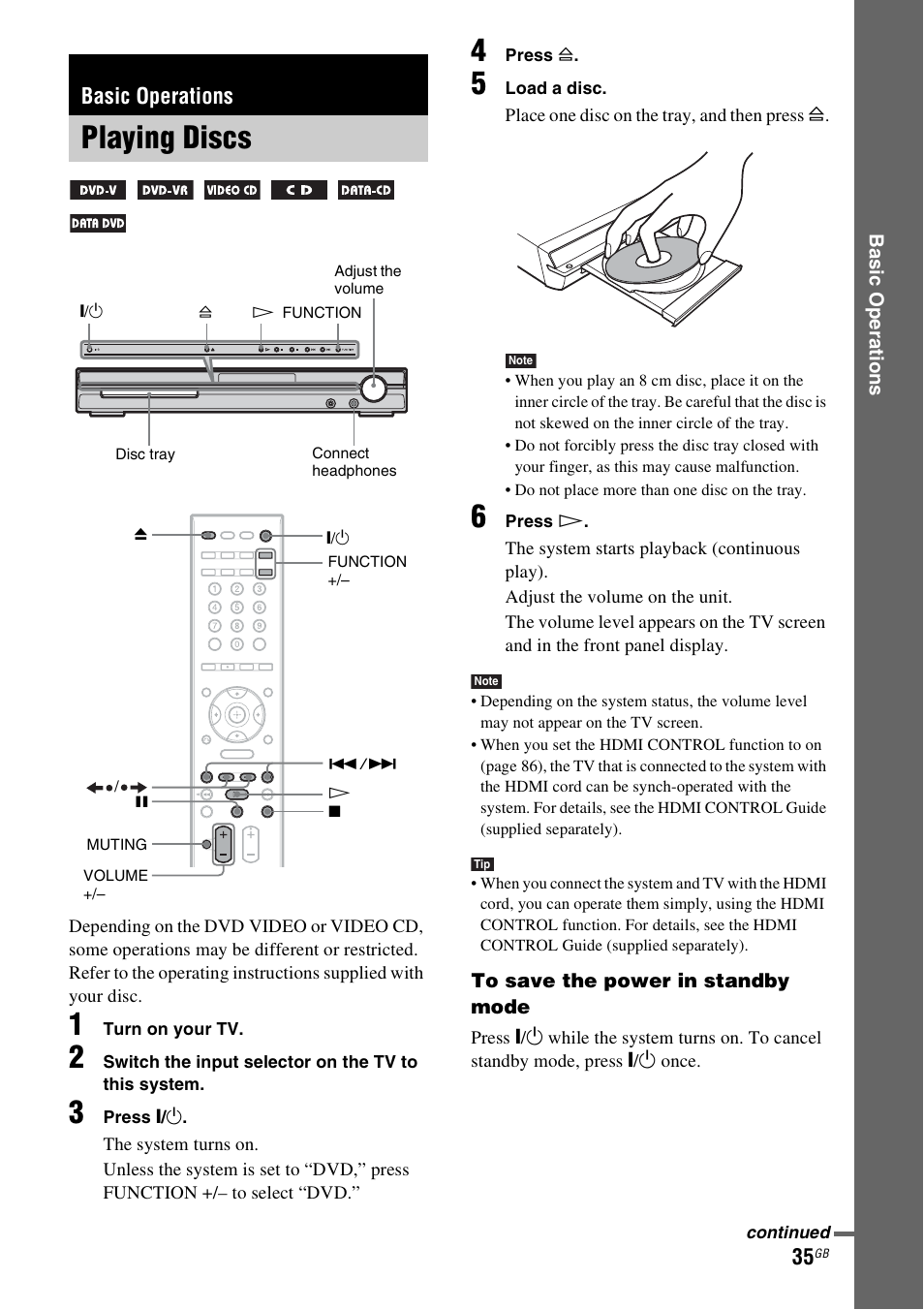 Basic operations, Playing discs | Sony DAV-DZ531W User Manual | Page 35 / 116