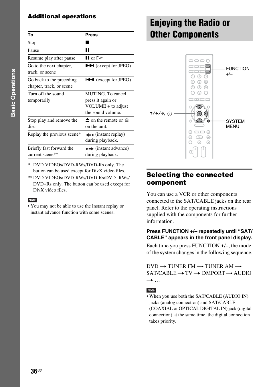 Enjoying the radio or other components, Selecting the connected component, Enjoying the radio or other | Components | Sony DAV-DZ531W User Manual | Page 36 / 116