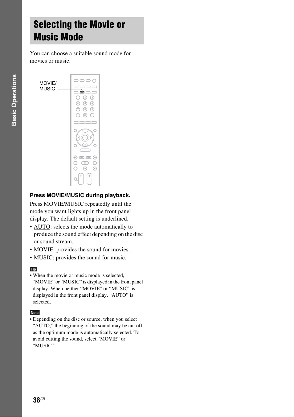 Selecting the movie or music mode, Selecting the movie or music, Mode | Sony DAV-DZ531W User Manual | Page 38 / 116