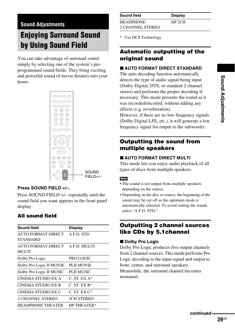 Sound adjustments, Enjoying surround sound by using sound field, Automatic outputting of the original sound | Outputting the sound from multiple speakers, Enjoying surround sound by using sound, Field | Sony DAV-DZ531W User Manual | Page 39 / 116