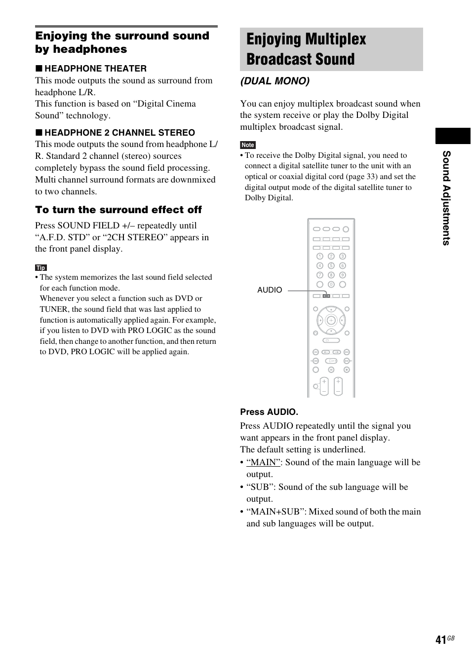 Enjoying the surround sound by headphones, Enjoying multiplex broadcast sound, Dual mono) | Sony DAV-DZ531W User Manual | Page 41 / 116