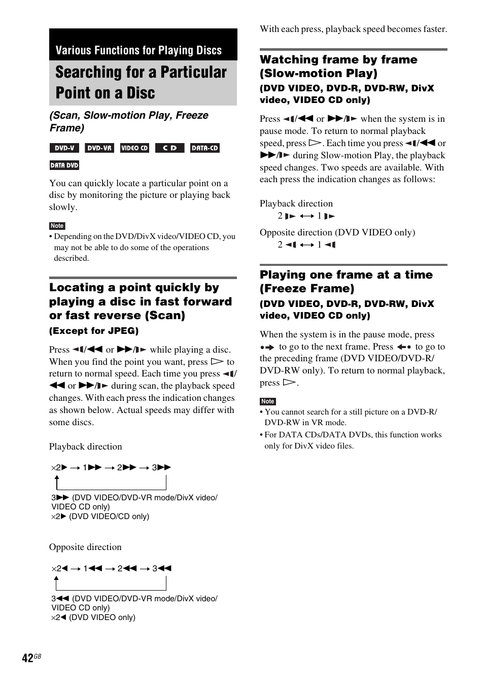 Various functions for playing discs, Searching for a particular point on a disc, Watching frame by frame (slow-motion play) | Playing one frame at a time (freeze frame), Searching for a particular point on, A disc (scan, slow-motion play, freeze frame) | Sony DAV-DZ531W User Manual | Page 42 / 116