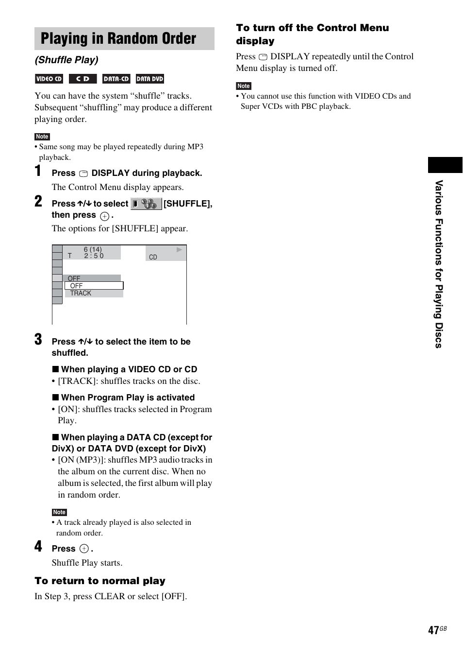 Playing in random order, Shuffle play) | Sony DAV-DZ531W User Manual | Page 47 / 116