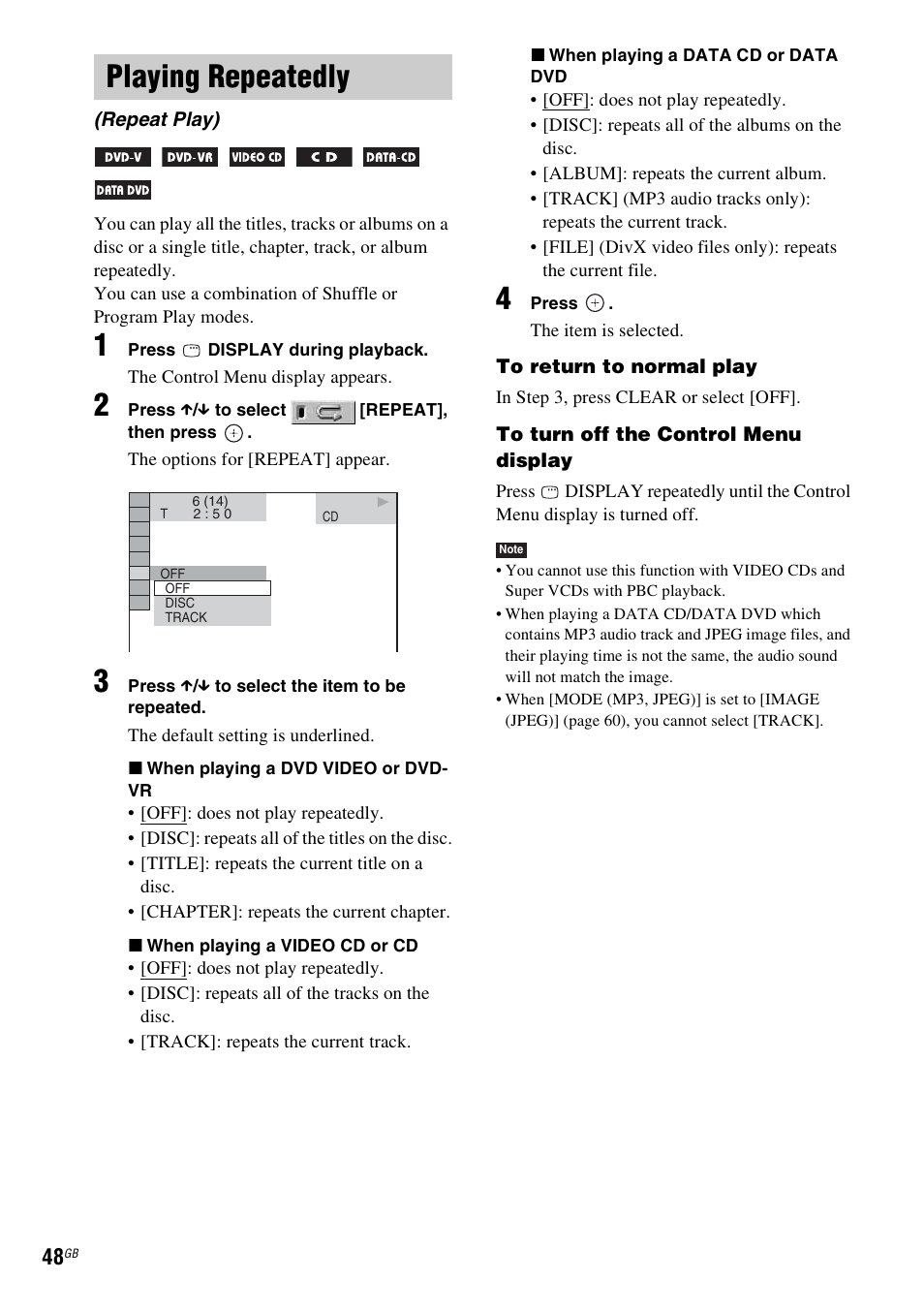 Playing repeatedly, Repeat play) | Sony DAV-DZ531W User Manual | Page 48 / 116