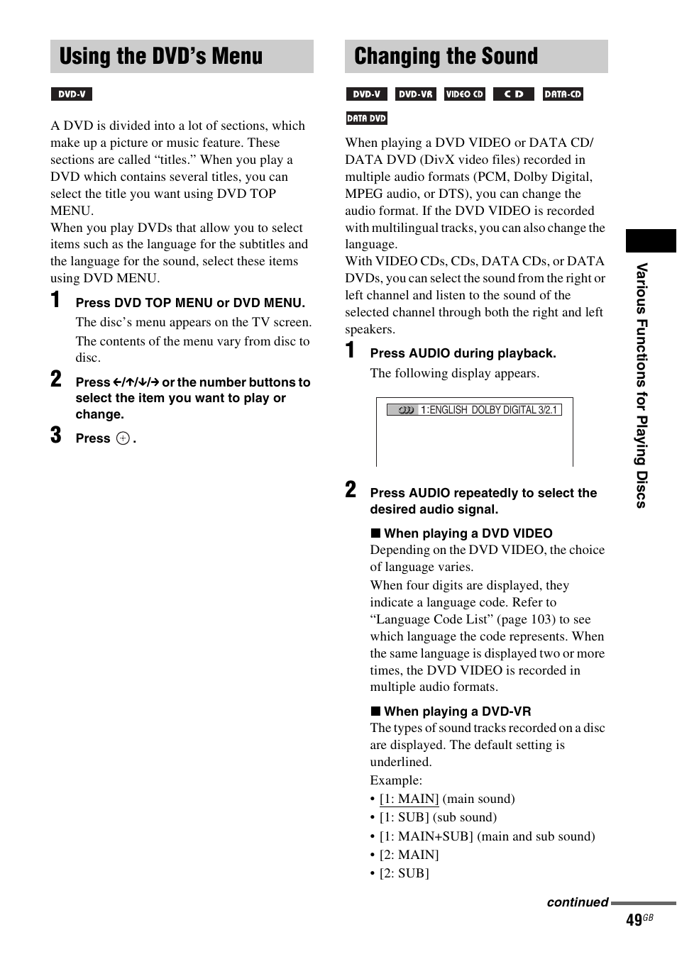 Using the dvd’s menu, Changing the sound, Using the dvd’s menu changing the sound | Sony DAV-DZ531W User Manual | Page 49 / 116