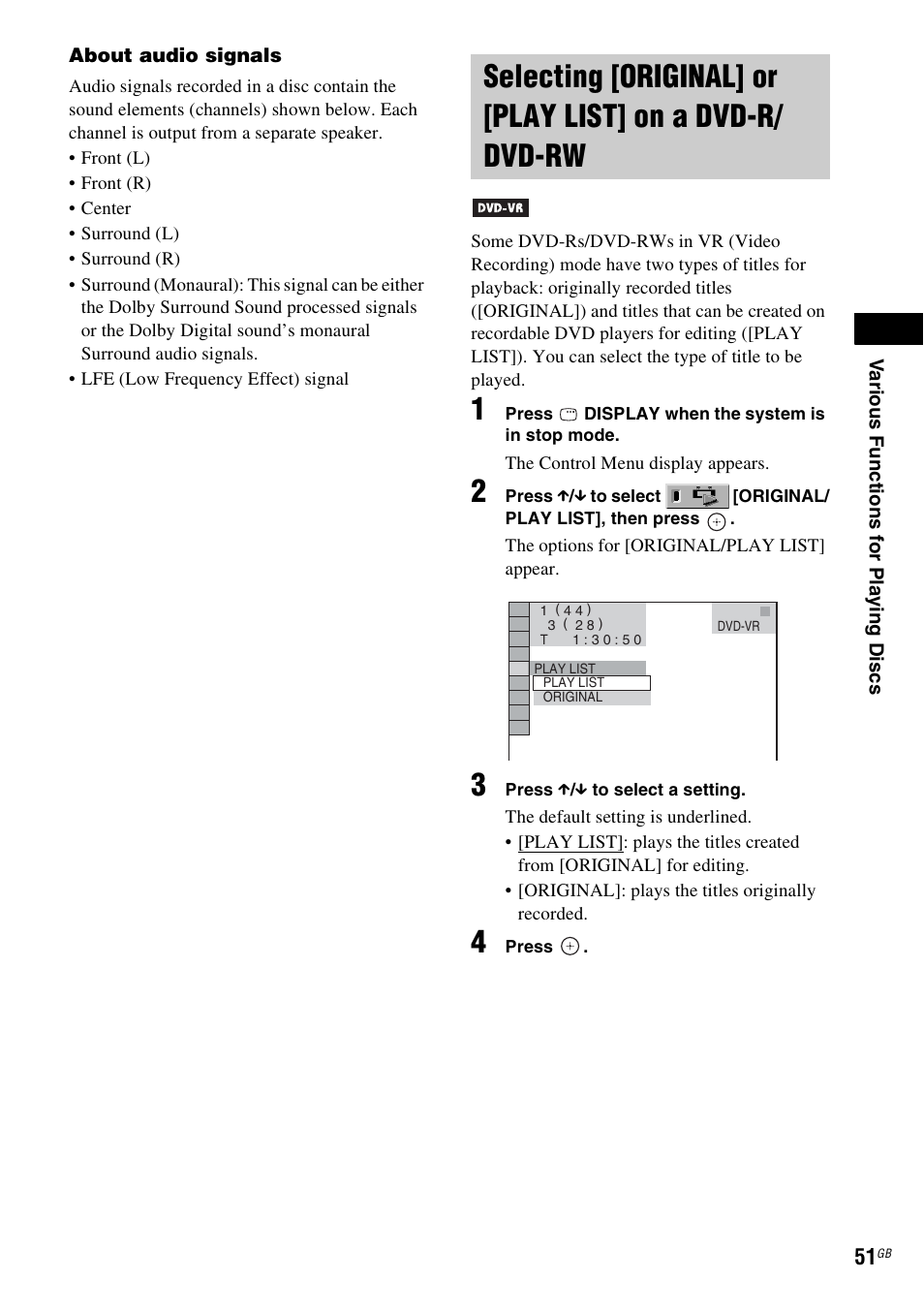 Selecting [original] or [play list, On a dvd-r/dvd-rw | Sony DAV-DZ531W User Manual | Page 51 / 116