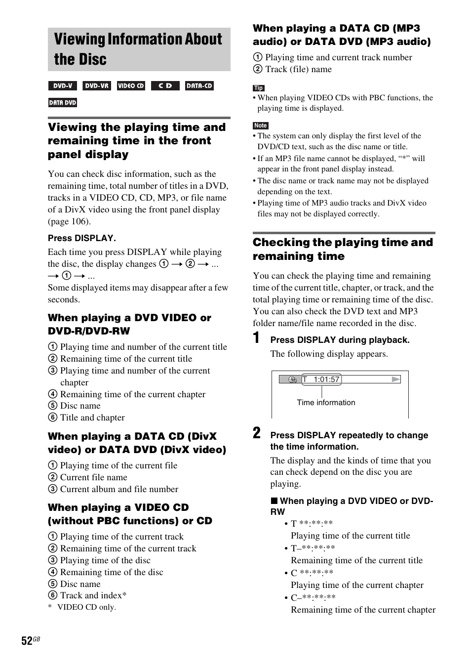 Viewing information about the disc, Checking the playing time and remaining time | Sony DAV-DZ531W User Manual | Page 52 / 116