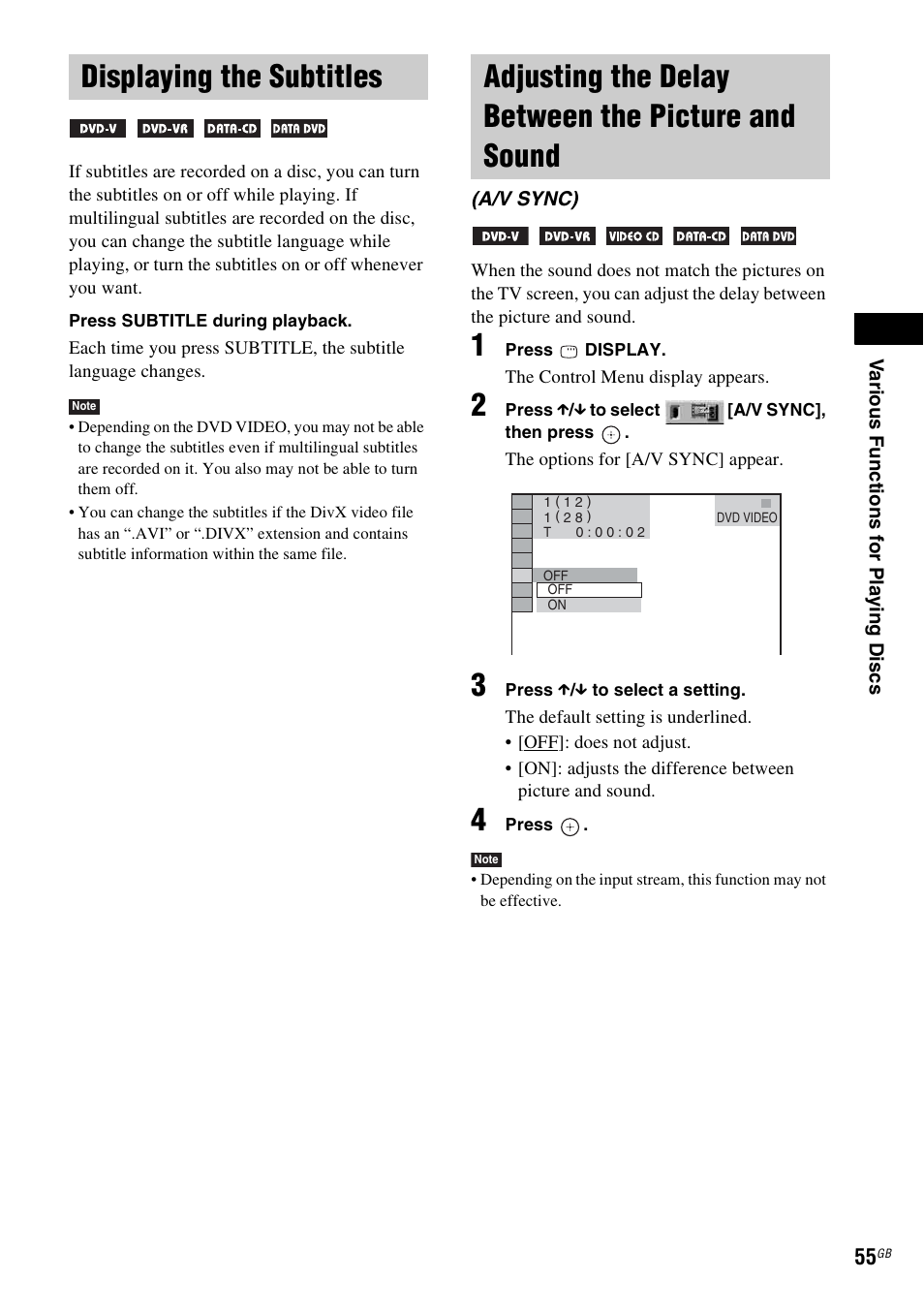 Displaying the subtitles, Adjusting the delay between the picture and sound, And sound (a/v sync) | Sony DAV-DZ531W User Manual | Page 55 / 116