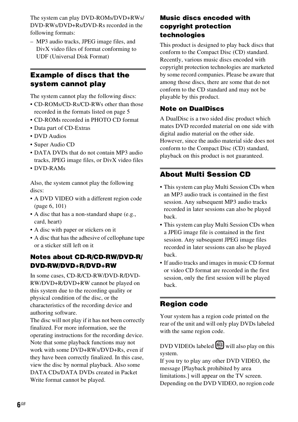 Example of discs that the system cannot play, About multi session cd, Region code | Sony DAV-DZ531W User Manual | Page 6 / 116