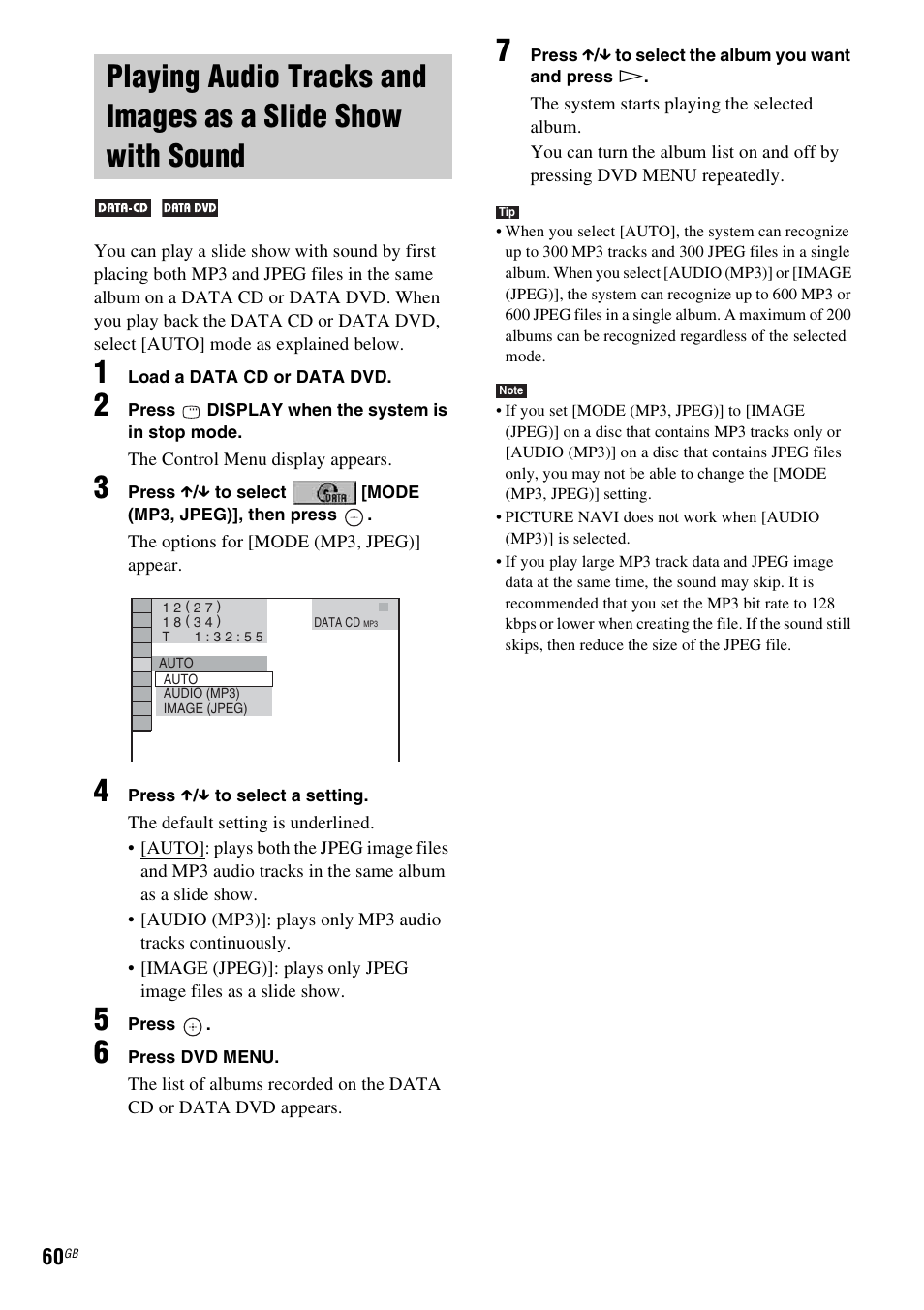 Playing audio tracks and images as a, Slide show with sound | Sony DAV-DZ531W User Manual | Page 60 / 116