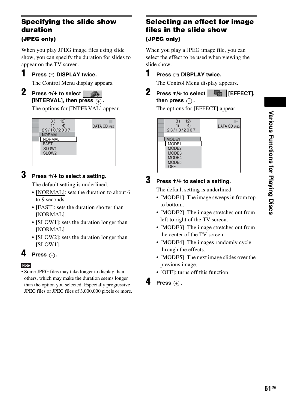 Specifying the slide show duration | Sony DAV-DZ531W User Manual | Page 61 / 116