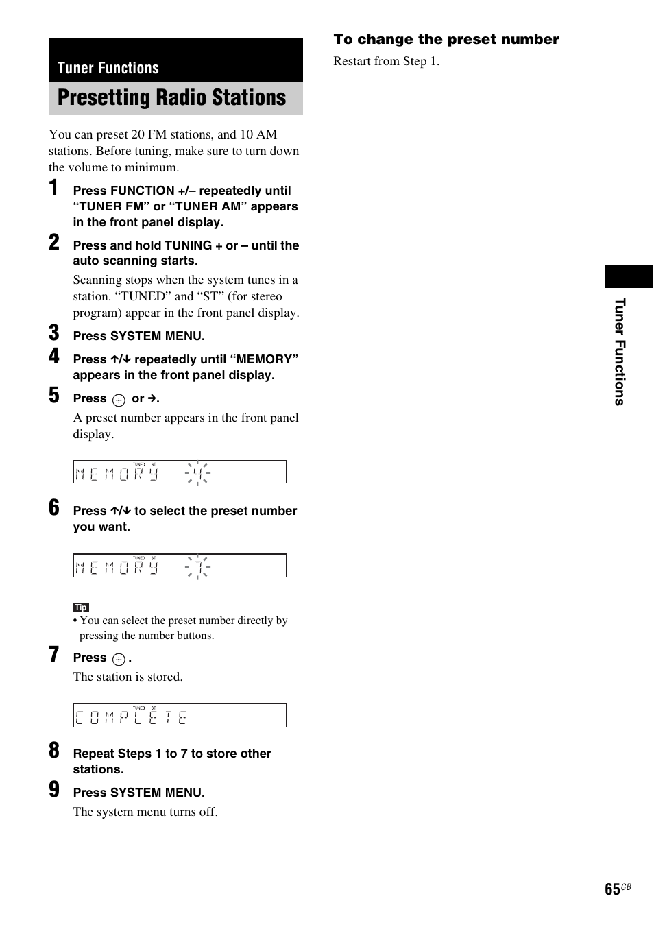 Tuner functions, Presetting radio stations | Sony DAV-DZ531W User Manual | Page 65 / 116