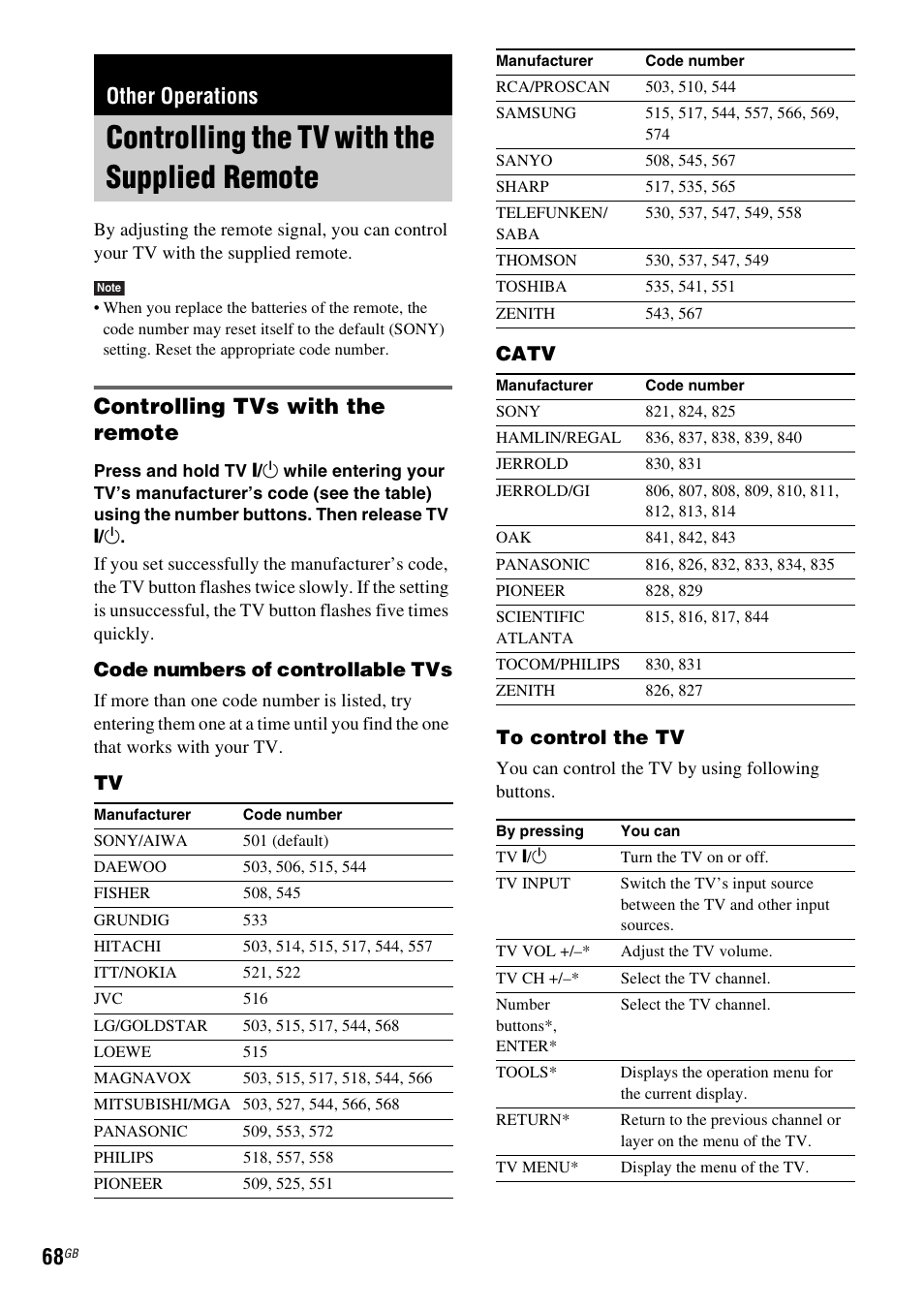 Other operations, Controlling the tv with the supplied remote, Controlling tvs with the remote | Controlling the tv with the supplied, Remote, Code numbers of controllable tvs, Tv catv to control the tv | Sony DAV-DZ531W User Manual | Page 68 / 116