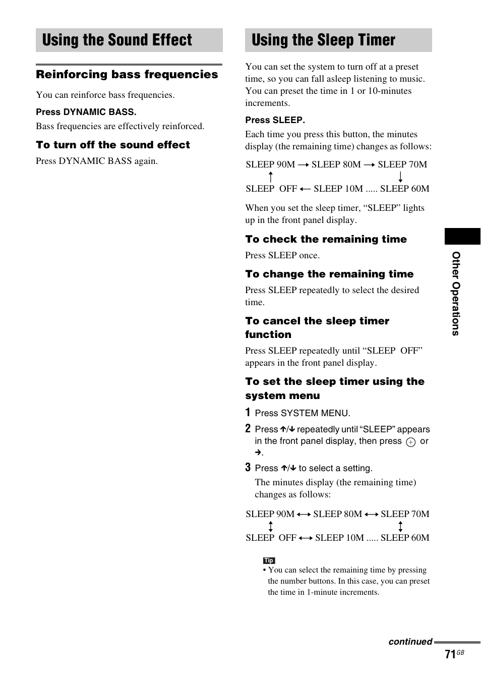 Using the sound effect, Reinforcing bass frequencies, Using the sleep timer | Using the sound effect using the sleep timer | Sony DAV-DZ531W User Manual | Page 71 / 116