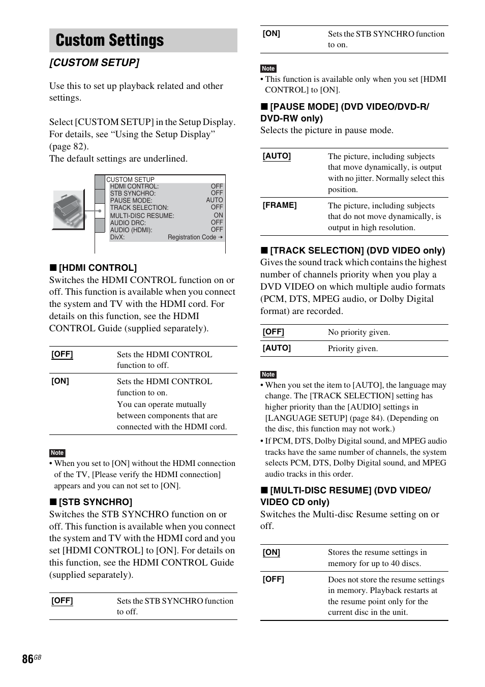 Custom settings, Custom setup | Sony DAV-DZ531W User Manual | Page 86 / 116