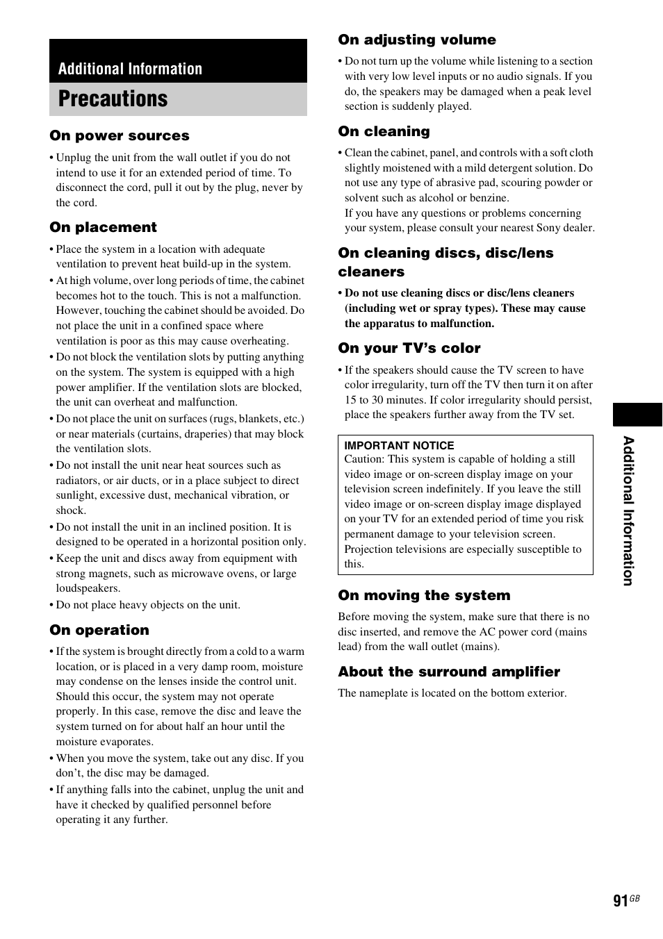 Additional information, Precautions | Sony DAV-DZ531W User Manual | Page 91 / 116