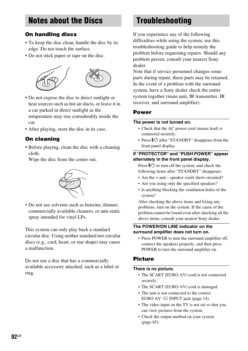 Notes about the discs, Troubleshooting, Notes about the discs troubleshooting | Sony DAV-DZ531W User Manual | Page 92 / 116