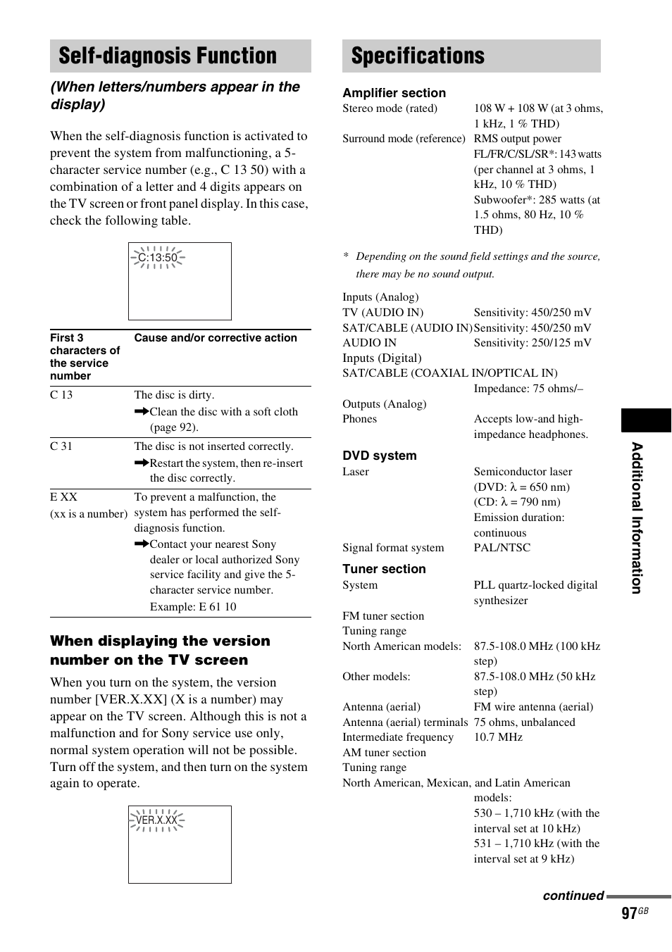 Self-diagnosis function, Specifications, When letters/numbers appear in the display) | Sony DAV-DZ531W User Manual | Page 97 / 116