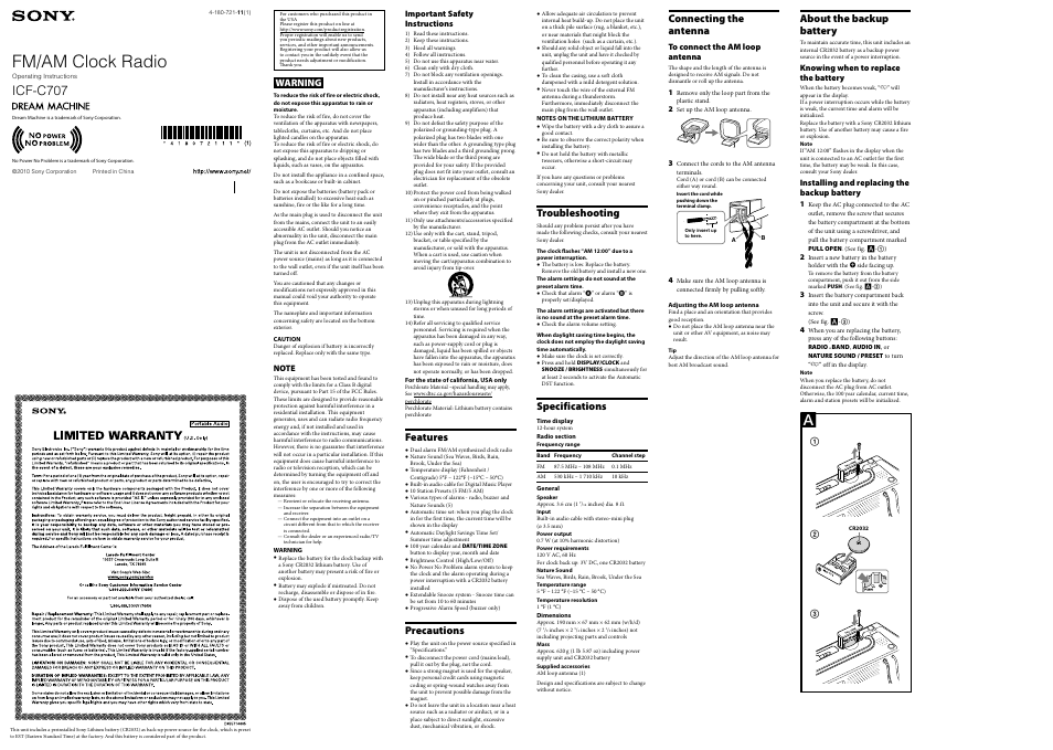 Sony DREAM MACHINE ICF-C707 User Manual | 2 pages