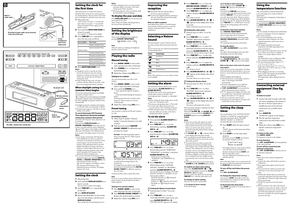 Setting the clock for the first time, Setting the clock, Setting the brightness of the display | Playing the radio, Improving the reception, Selecting a nature sound, Setting the alarm, Setting the sleep timer, Using the temperature function, Connecting external equipment (see fig.  ) | Sony DREAM MACHINE ICF-C707 User Manual | Page 2 / 2