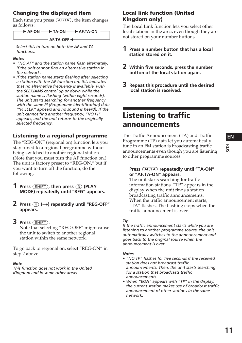 Listening to traffic announcements | Sony CDX-4180RV User Manual | Page 11 / 88