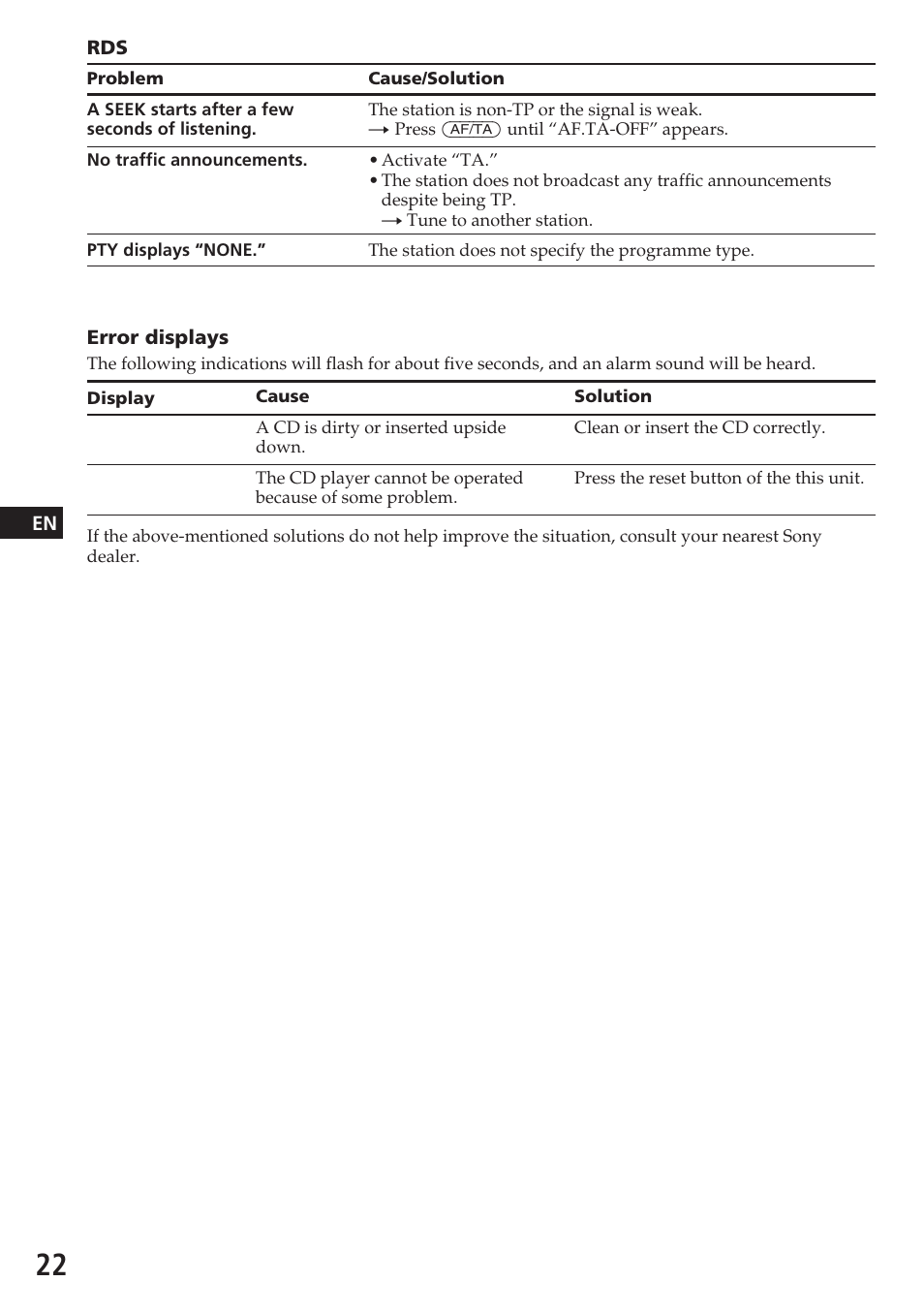 Error reset | Sony CDX-4180RV User Manual | Page 22 / 88