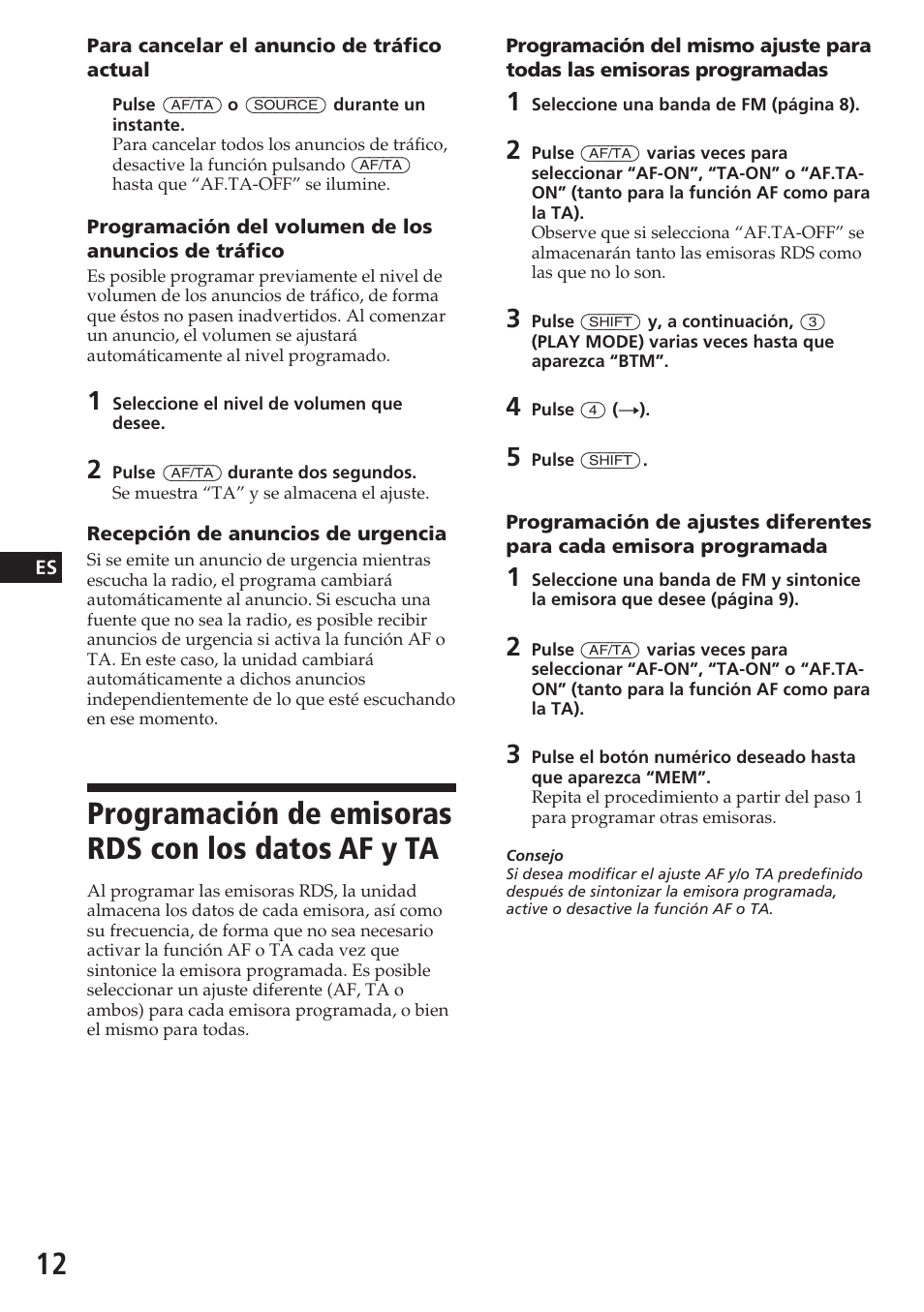 Programación de emisoras rds con los datos af y ta | Sony CDX-4180RV User Manual | Page 34 / 88