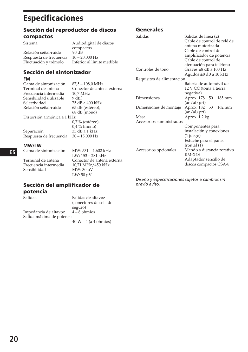 Especificaciones, Sección del reproductor de discos compactos, Sección del sintonizador | Sección del amplificador de potencia, Generales | Sony CDX-4180RV User Manual | Page 42 / 88