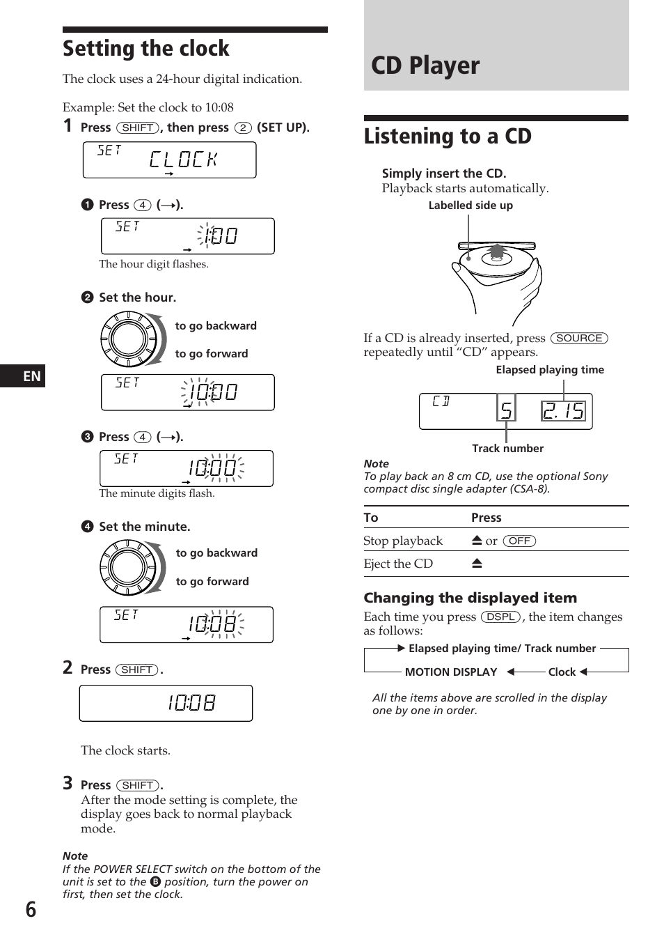 Cd player, Setting the clock, Listening to a cd | 1ooo, Clock, 1oo8 | Sony CDX-4180RV User Manual | Page 6 / 88