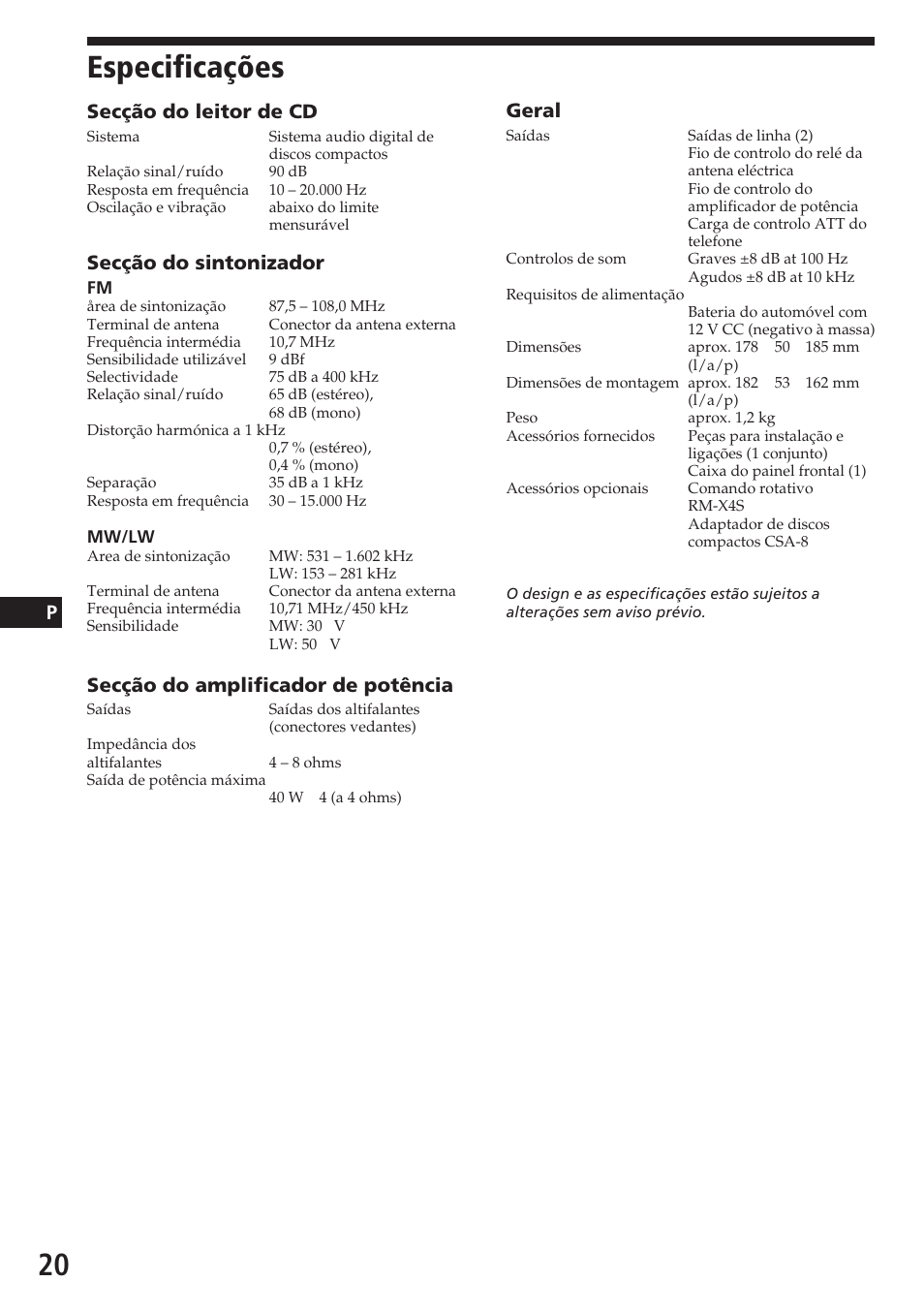 Especificações, Secção do leitor de cd, Secção do sintonizador | Secção do amplificador de potência, Geral | Sony CDX-4180RV User Manual | Page 64 / 88