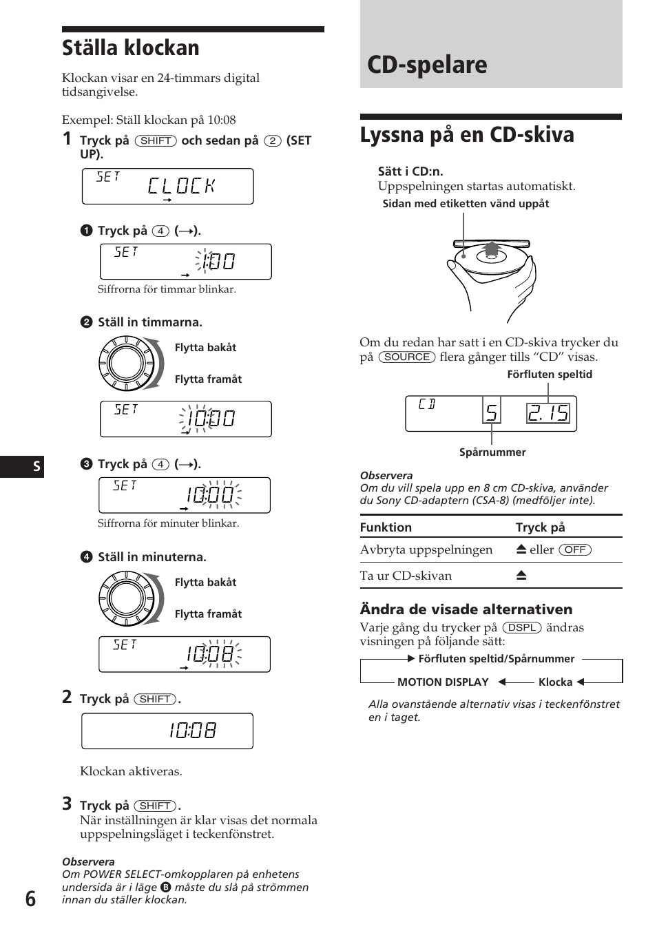 Cd-spelare, Ställa klockan, Lyssna på en cd-skiva | Clock, 1ooo, 1oo8 | Sony CDX-4180RV User Manual | Page 72 / 88