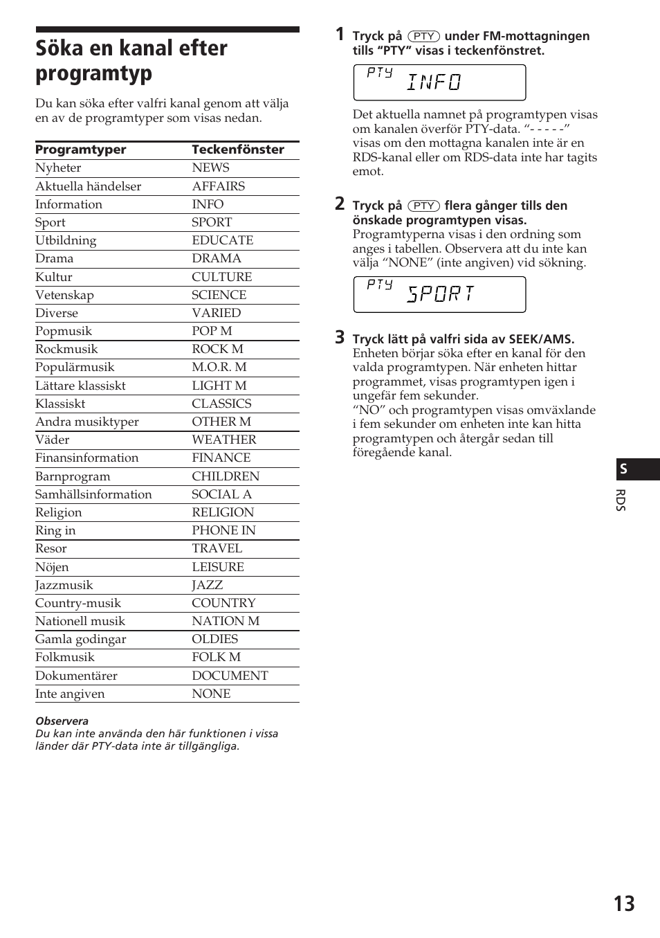 Söka en kanal efter programtyp, Port info | Sony CDX-4180RV User Manual | Page 79 / 88