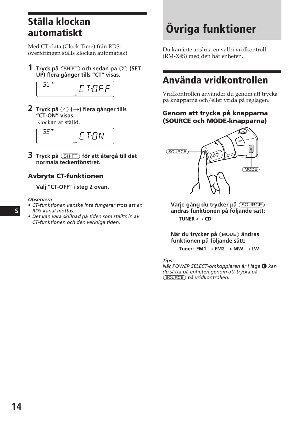 Övriga funktioner, Använda vridkontrollen, Ställa klockan automatiskt | Ctoff, Cton | Sony CDX-4180RV User Manual | Page 80 / 88