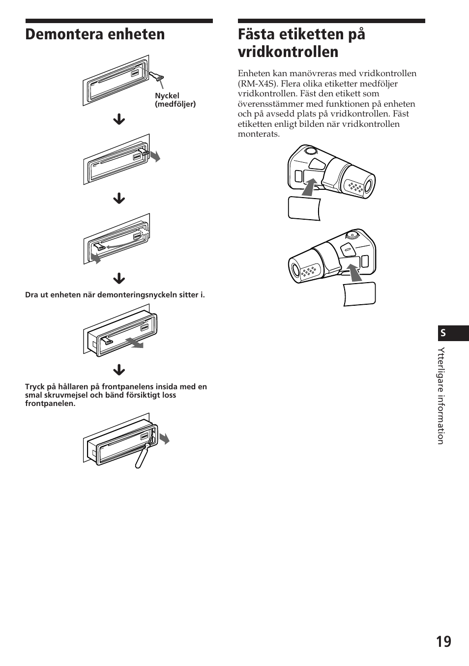 Demontera enheten, Fästa etiketten på vridkontrollen | Sony CDX-4180RV User Manual | Page 85 / 88