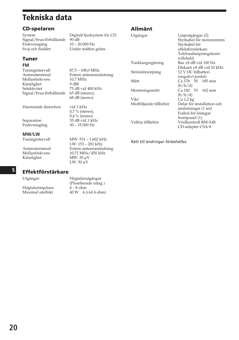 Tekniska data, Allmänt, Cd-spelaren | Tuner, Effektförstärkare | Sony CDX-4180RV User Manual | Page 86 / 88
