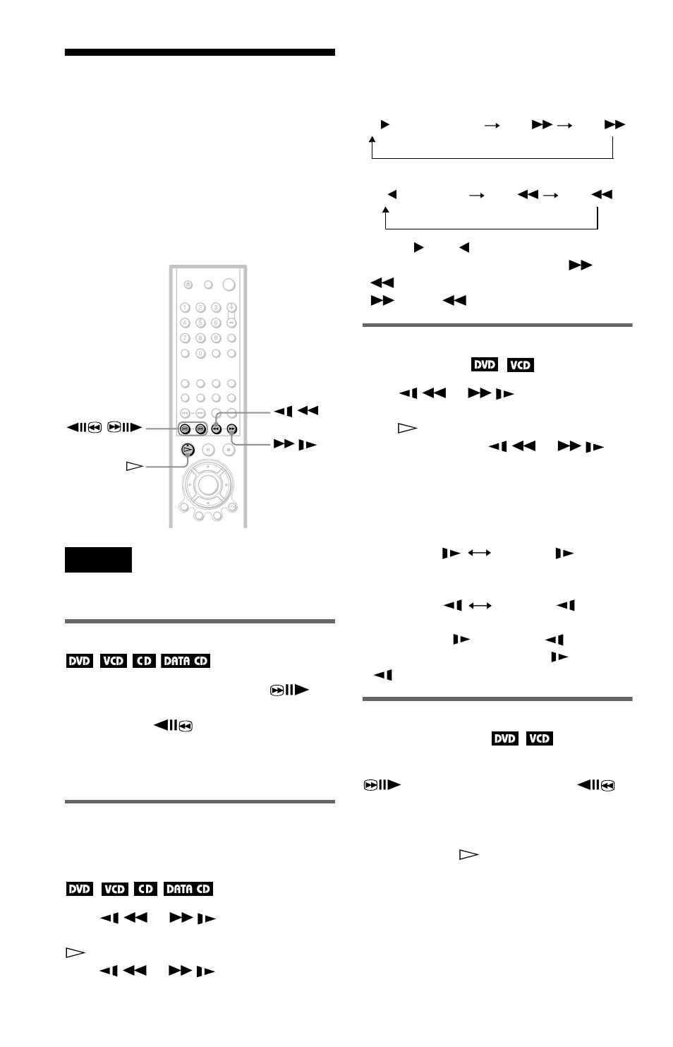 Searching for a particular point on a disc, Search, scan, slow-motion play, freeze frame), Locating a point quickly (search) | Watching frame by frame (slow- motion play), Playing one frame at a time (freeze frame) | Sony DVP-K370 User Manual | Page 30 / 80