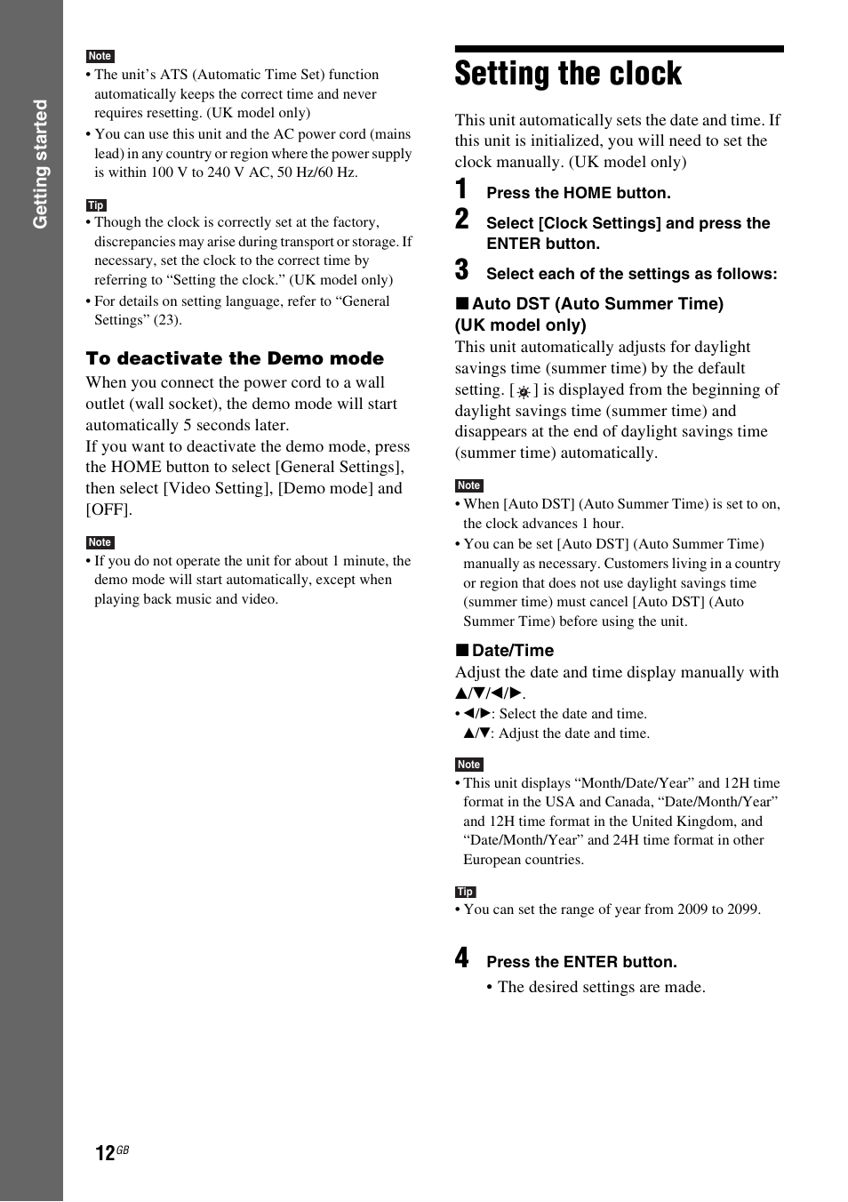 Setting the clock, Date (12) | Sony DREAM MACHINE 4-154-584-35(1) User Manual | Page 12 / 32