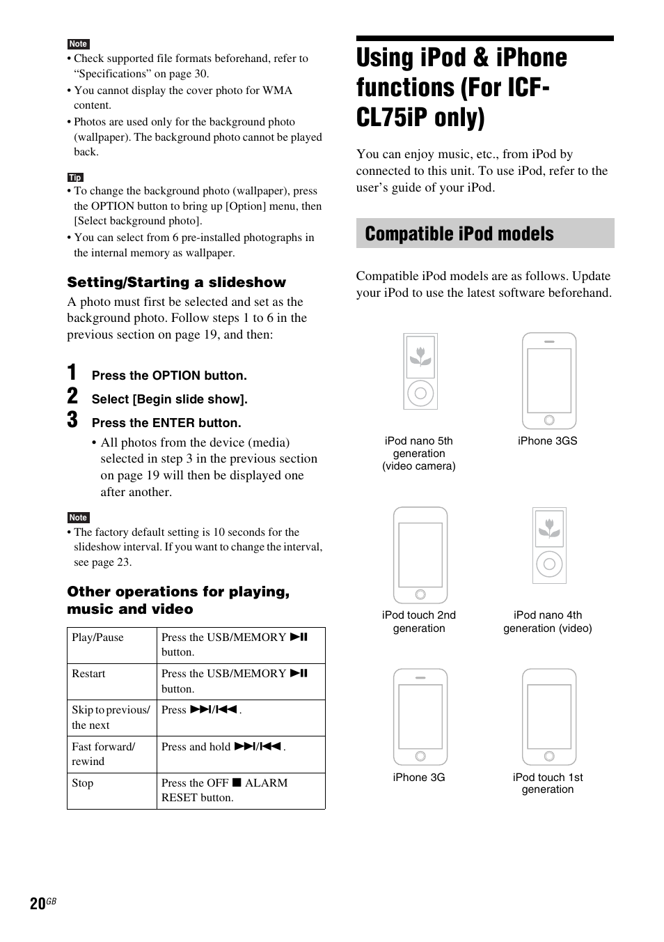 Compatible ipod models, Using ipod & iphone functions, For icf-cl75ip only) | Ip only) (20), Cf-cl70) (20) | Sony DREAM MACHINE 4-154-584-35(1) User Manual | Page 20 / 32