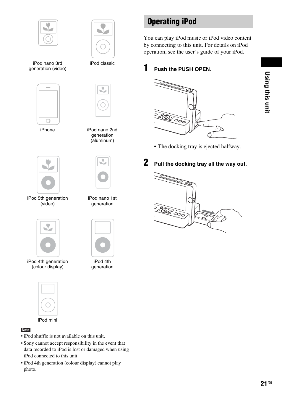 Operating ipod | Sony DREAM MACHINE 4-154-584-35(1) User Manual | Page 21 / 32