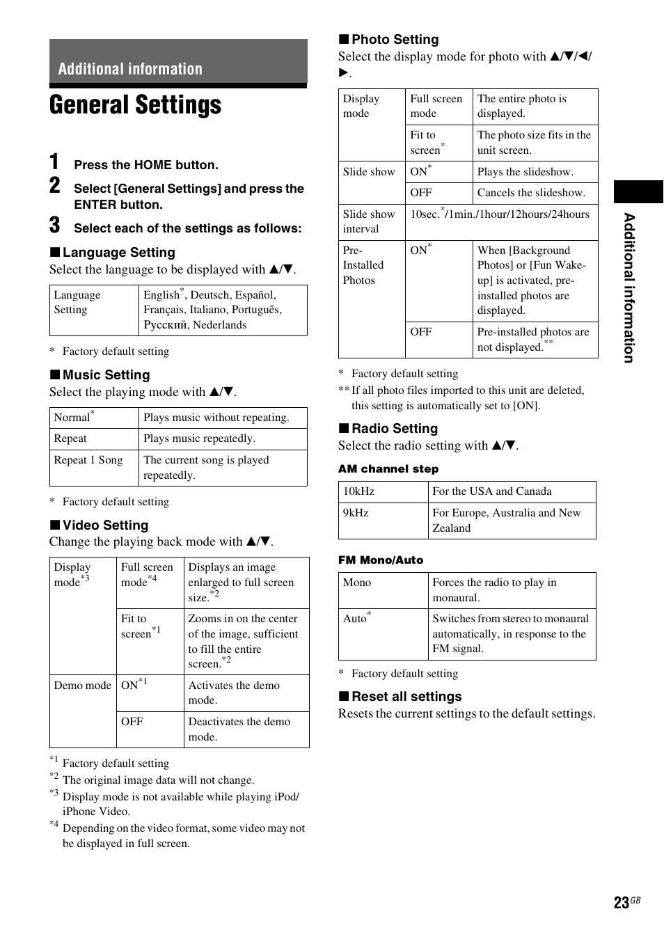 Additional information, General settings | Sony DREAM MACHINE 4-154-584-35(1) User Manual | Page 23 / 32