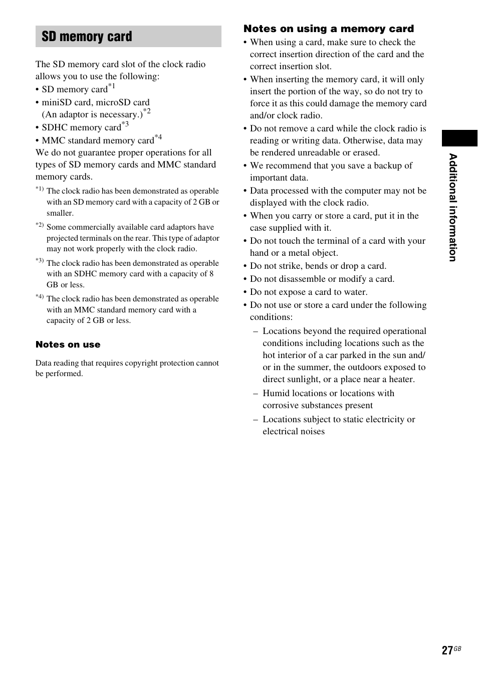 Sd memory card | Sony DREAM MACHINE 4-154-584-35(1) User Manual | Page 27 / 32