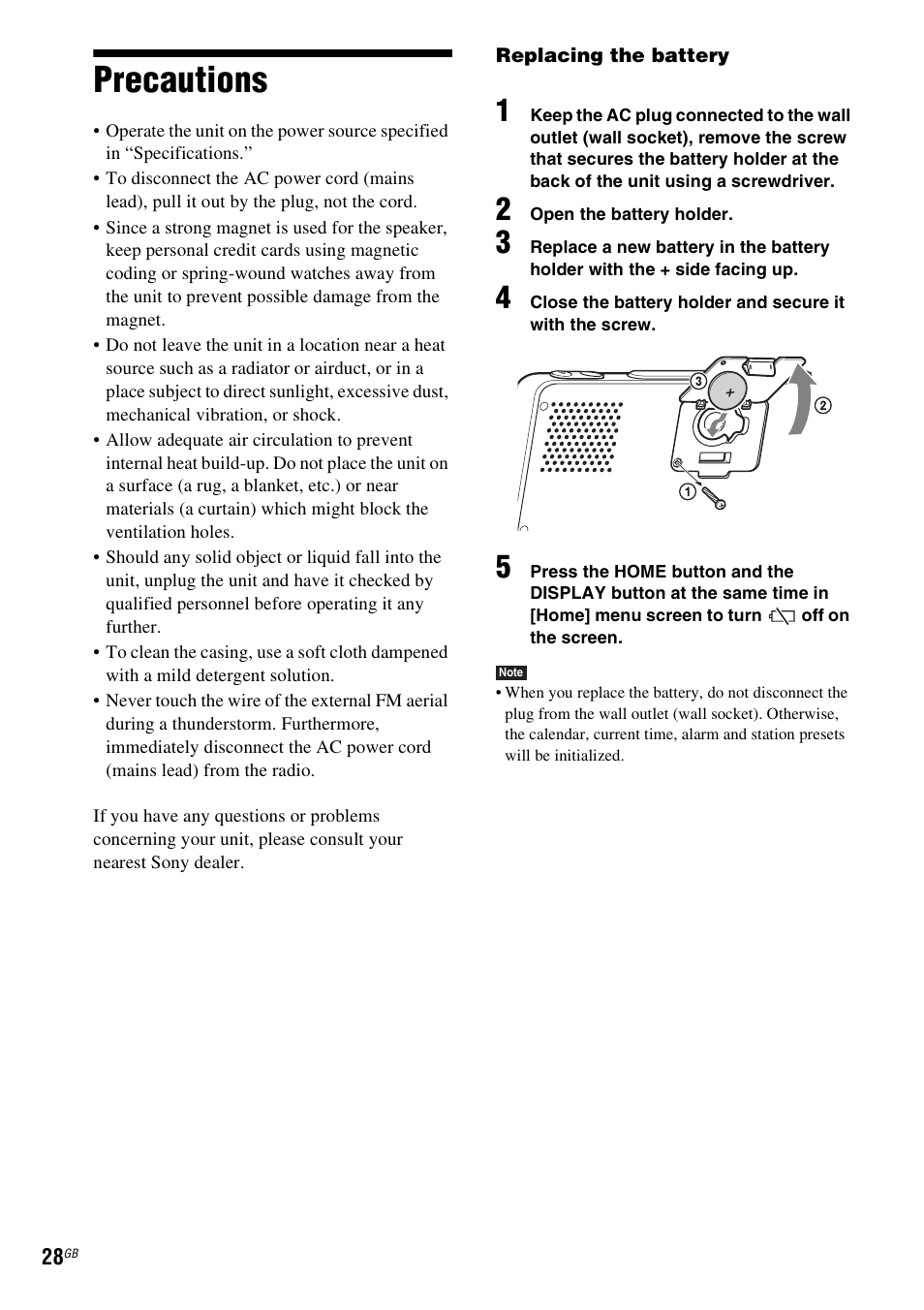 Precautions, Er (28) | Sony DREAM MACHINE 4-154-584-35(1) User Manual | Page 28 / 32