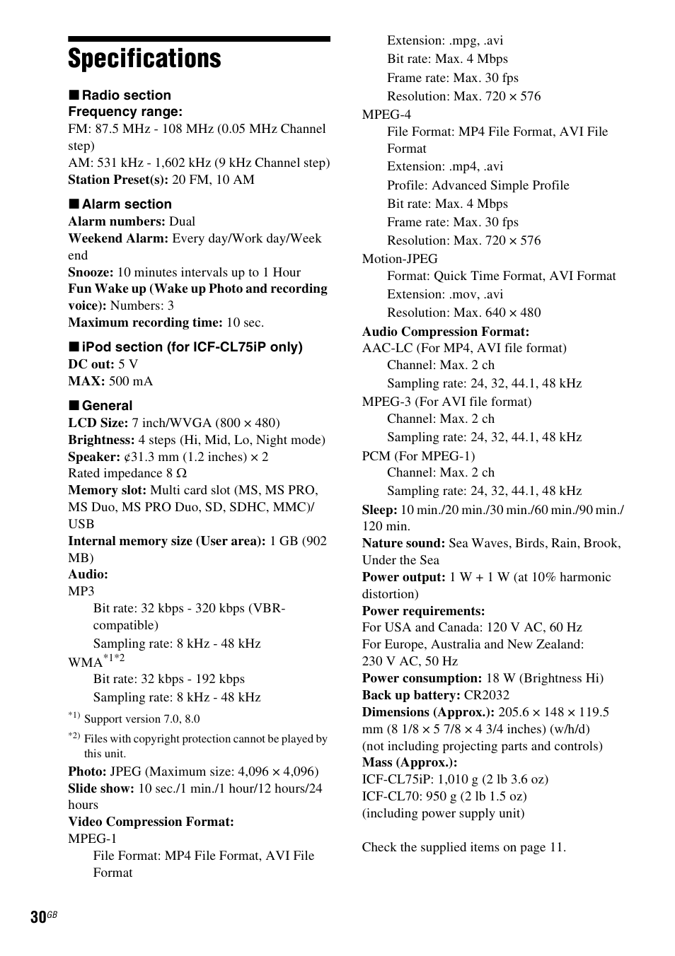 Specifications | Sony DREAM MACHINE 4-154-584-35(1) User Manual | Page 30 / 32