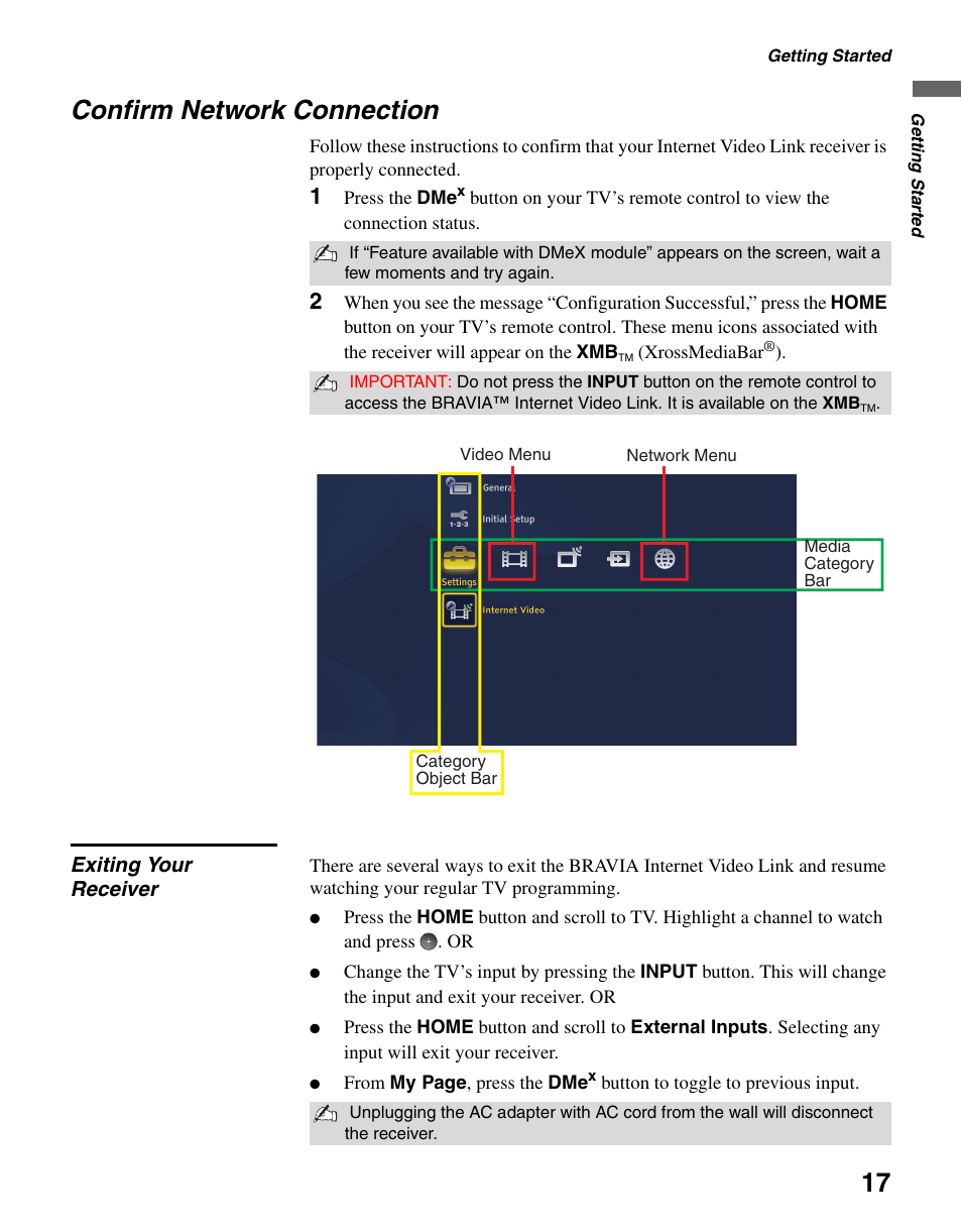Confirm network connection, Exiting your receiver | Sony DMX-NV1 User Manual | Page 17 / 54